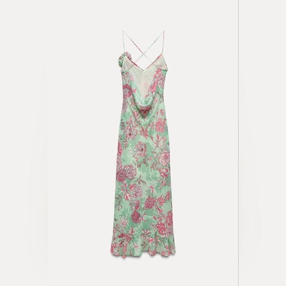NWT ZARA FLORAL PRINT SLIP DRESS GREEN AND PINK - Picture 15 of 16